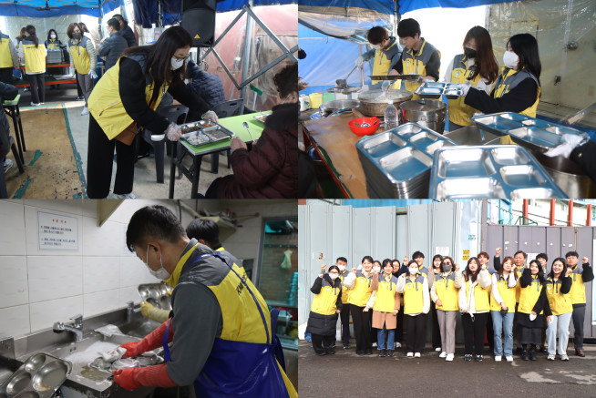 ▲KMI한국의학연구소 여의도검진센터 임직원들이 개원 20주년을 맞아 무료급식 봉사활동에 참여하고 있다. (사진제공=KMI한국의학연구소)