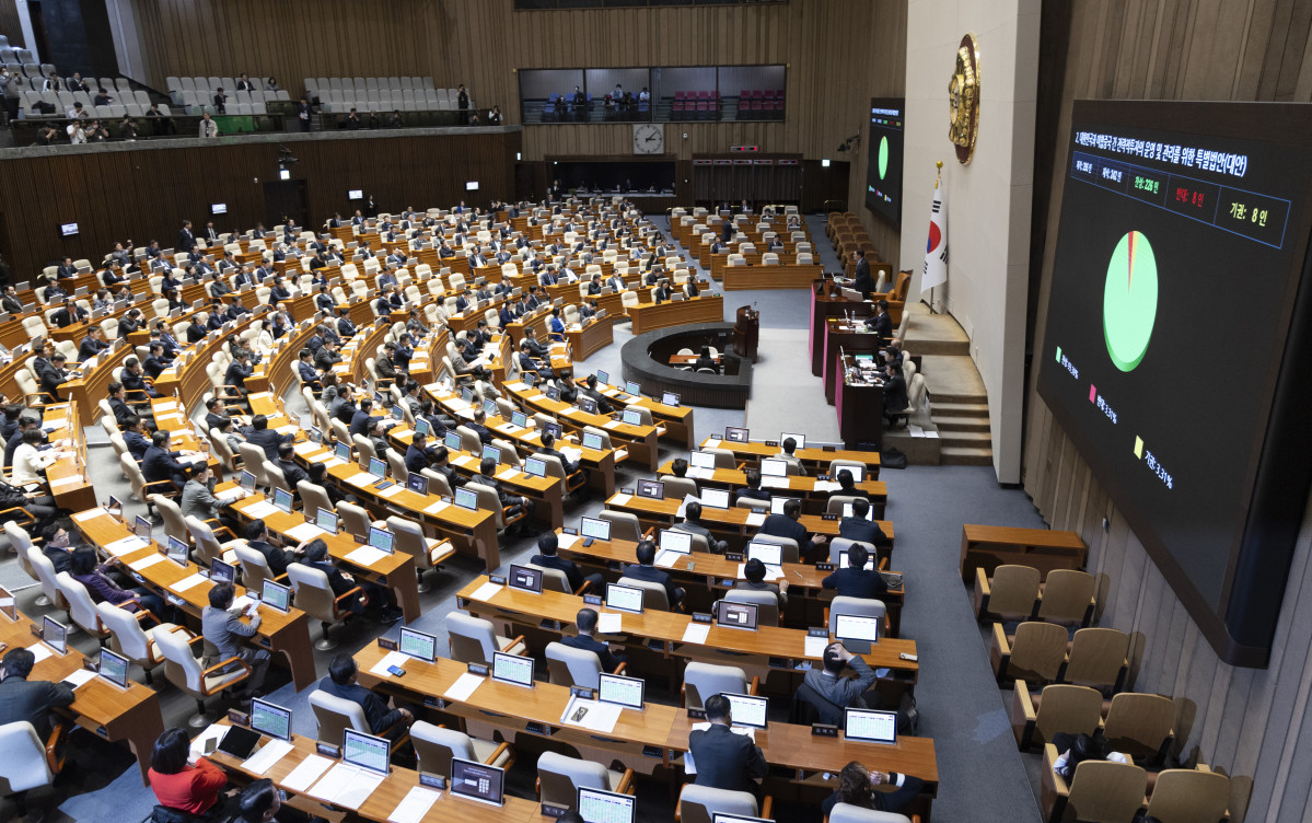 ▲12일 국회에서 열린 3월 임시국회 1차 본회의에서 대미투자특별법이 여야 합의로 통과되고 있다. 사진=연합뉴스