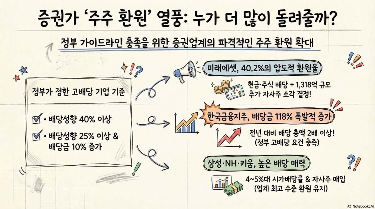 ▲증권사들의 현금배당, 자사주 소각 등 주주환원이 확대되고 있다. (출처=구글 노트북 LM)