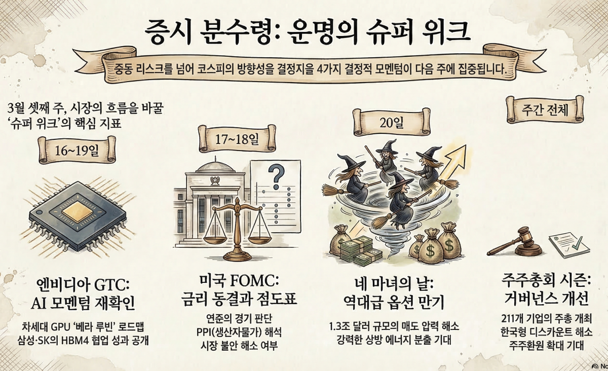 ▲13일 금융투자업계에 따르면 다음 주 국내 증시의 향방은 엔비디아 GTC 2026과 3월 FOMC, 그리고 '네 마녀의 날'이 맞물려 결정될 전망이다 (출처=노트북LM)