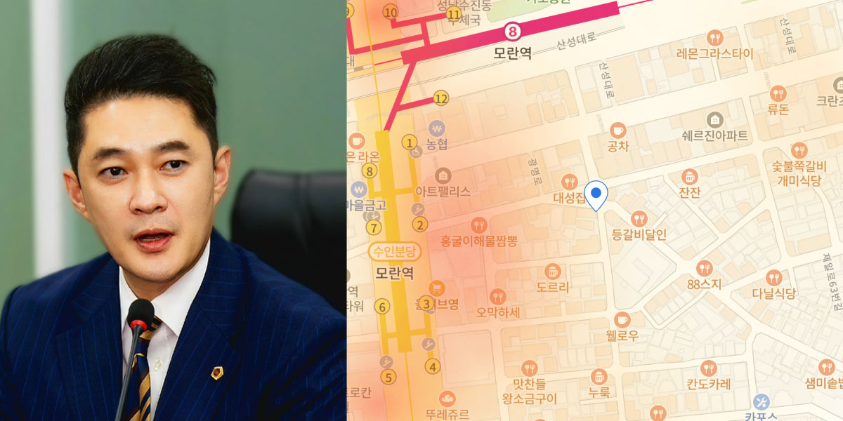 ▲전석훈 경기도의원(왼쪽)과 그가 기획해 행정안전부 장관상을 수상한 경기도 인파관리시스템의 모란역 일대 실제 운영 화면(오른쪽). (경기도의회)
