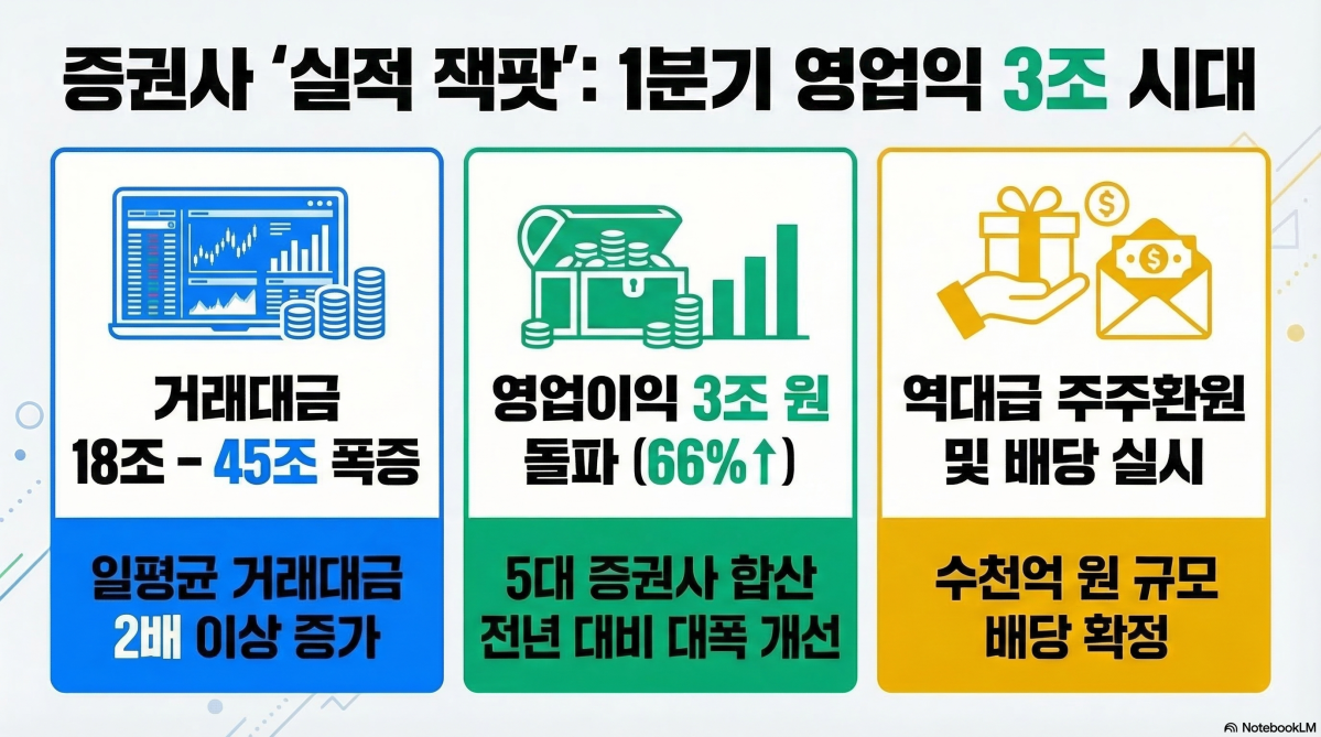 ▲올해 1분기 국내 증시 거래대금이 크게 늘면서 5대 증권사의 합산 영업이익이 3조원에 달할 전망이다. (구글 노트북 LM)