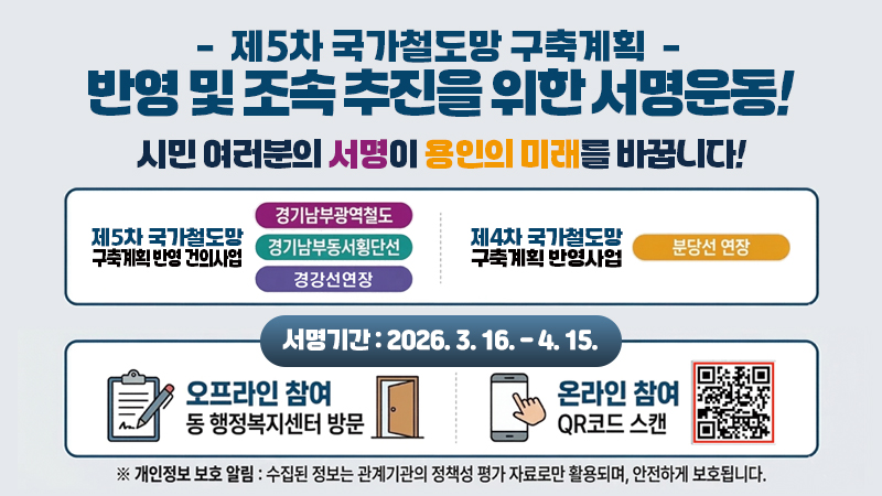 ▲용인특례시가 16일부터 4월 15일까지 한 달간 전개하는 '제5차 국가철도망 구축계획 반영 및 조속 추진을 위한 서명운동' 홍보물. (용인특례시)