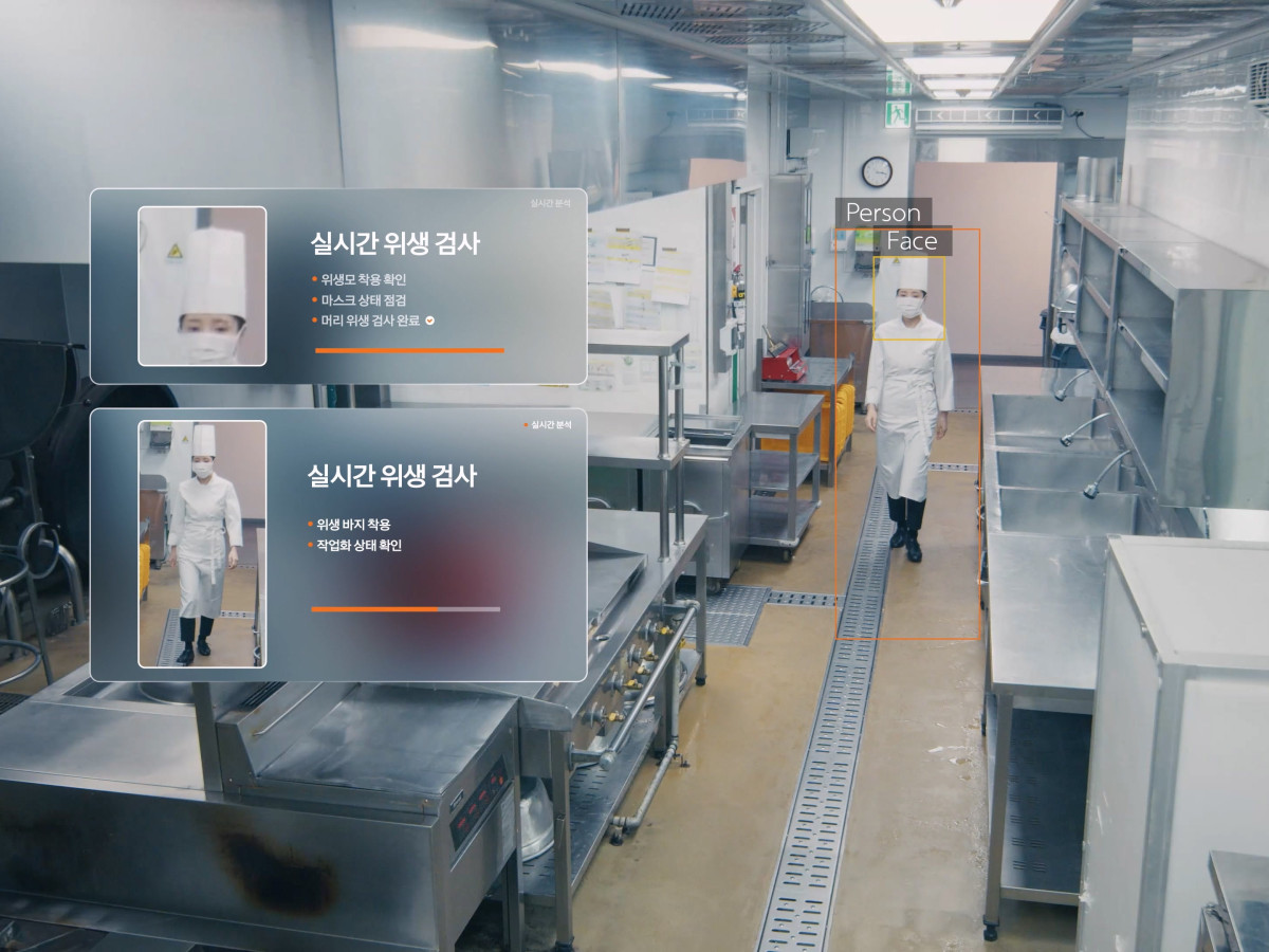 ▲한화비전 AI 카메라가 조리사의 복장 및 위생 수칙 준수 여부를 확인하고 있다. (사진제공=한화그룹)