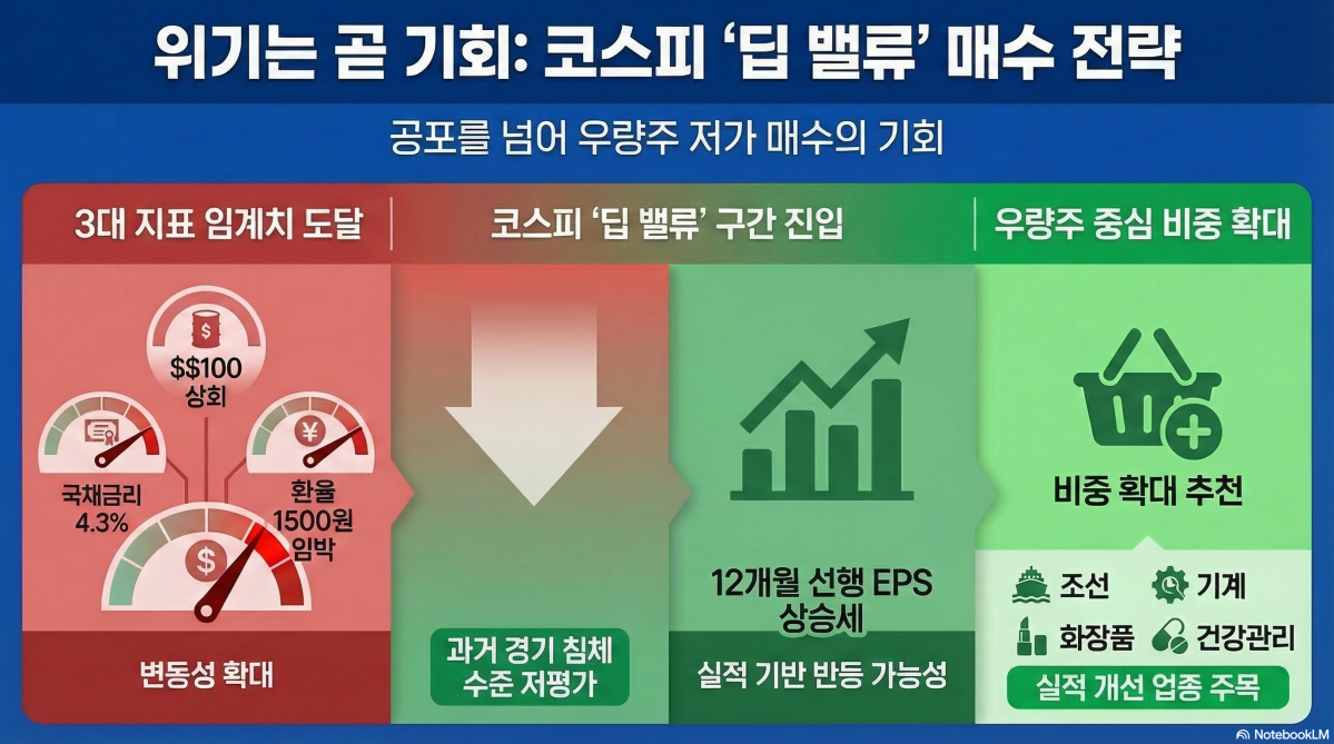 ▲글로벌 금융시장의 3대 지표인 유가와 금리, 달러가 임계치에 도달하며 변동성을 키우고 있지만, 강화되는 기업 이익 체력을 고려할 때 현재의 조정을 비중확대의 기회로 삼아야 한다는 제언이 나왔다. (구글 노트북 LM)