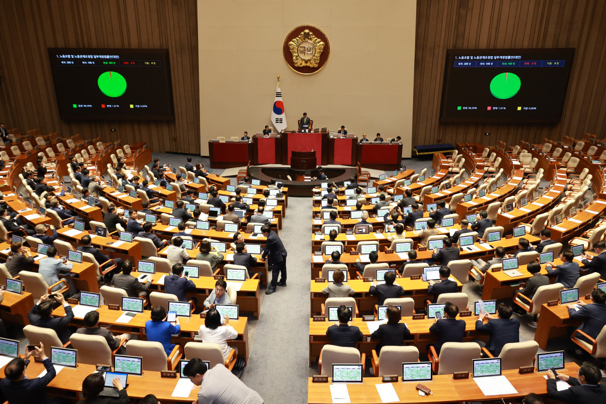 ▲서울 여의도 국회에서 지난해 8월 24일 열린 제428회 국회(임시회) 제2차 본회의에서 노동조합 및 노동관계조정법 일부개정법률안(대안)이 더불어민주당 주도로 통과되고 있다. (뉴시스)