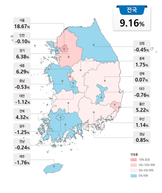 ▲전국 공동주택 공시가격(안) 변동률 현황. (사진제공=국토교통부)