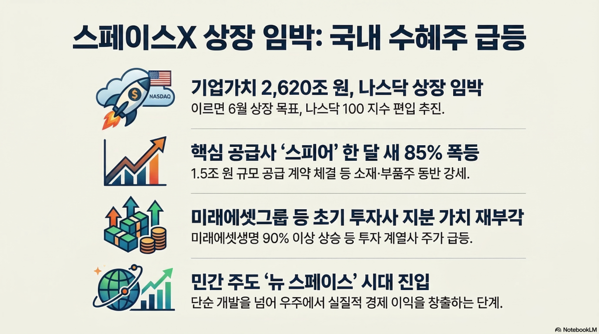 ▲글로벌 기업공개(IPO) 시장의 '최대어'로 꼽히는 스페이스X의 상장이 가시화되면서 국내 우주항공 관련주와 초기 투자 기업들의 주가가 가파른 상승하고 있다. (구글 노트북 LM)