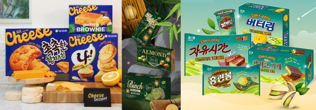▲왼쪽부터 오리온 치즈공방 한정판 3종, 롯데웰푸드 청수당 컬래버레이션 제품, 해태제과 두바이스타일 스페셜 에디션 5종. (이투데이DB)
