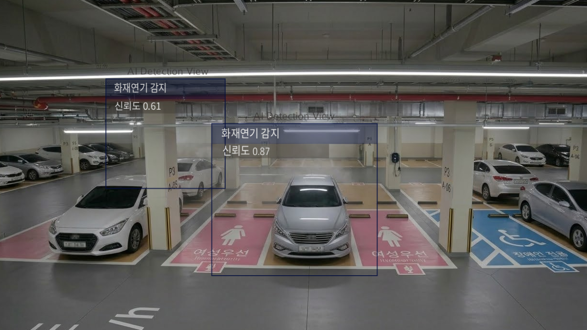 ▲AI 기반 화재감지 CCTV를 통해 화재연기가 감지됐을 경우, 관제실 모니터에 보이는 예시 이미지 (GS건설 제공)