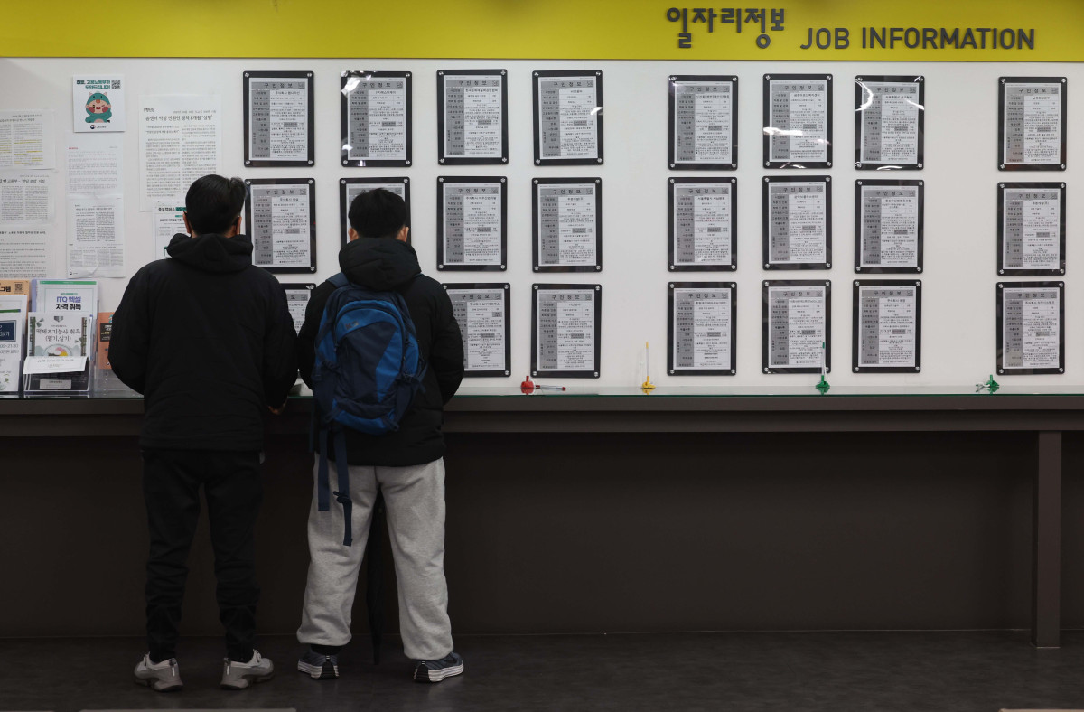 ▲지난달 취업자가 20만명대 증가하며 5개월 만에 최대폭으로 늘어났지만 청년 실업률이 5년 만에 가장 높은 수준으로 오르는 등 청년 고용은 위축된 모습을 보였다. 18일 국가데이터처의 ‘2026년 2월 고용동향’에 따르면 지난달 취업자 수는 2841만3000명으로, 전년 동월대비 23만4000명 늘었다. 이는 최근 5개월 사이 가장 큰 폭이다. 하지만 청년층 고용상황은 악화, 양극화가 뚜렷해지는 양상을 보였다. 15~29세 실업률은 7.7%로 전년 동월 대비 0.7%p 상승했다. 2021년 2월 10.1% 이후 5년 만에 가장 높은 수준이다. 이날 서울 마포구 서울서부고용복지플러스센터에서 구직자들이 일자리정보 게시판을 살펴보고 있다. 신태현 기자 holjjak@