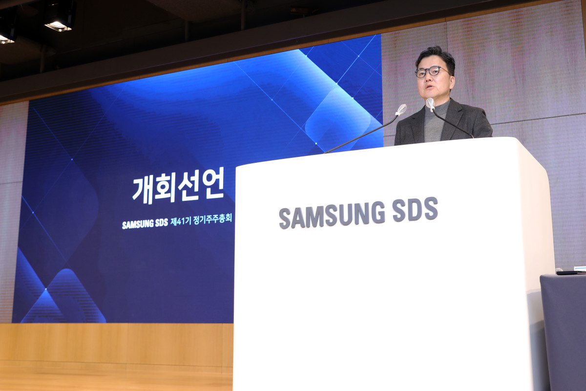 ▲3월 18일 삼성SDS 캠퍼스에서 열린 제41기 정기 주주총회에서 삼성SDS 이준희 대표이사(사장)가 주주들에게 인사말을 전하고 있다. (사진제공=삼성SDS)