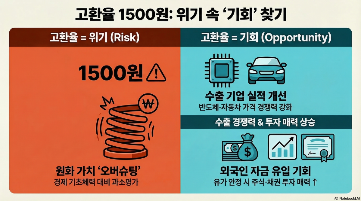 ▲원·달러 환율이 1500원을 밑도는 고환율 상황이 지속되자 금융시장의 긴장감이 고조되고 있으나, 고환율 현상이 단기에 그칠 경우 수출 경기 회복과 기업 실적 개선 등 긍정적 효과를 기대할 수 있다는 분석이 나왔다. (구글 노트북 LM)