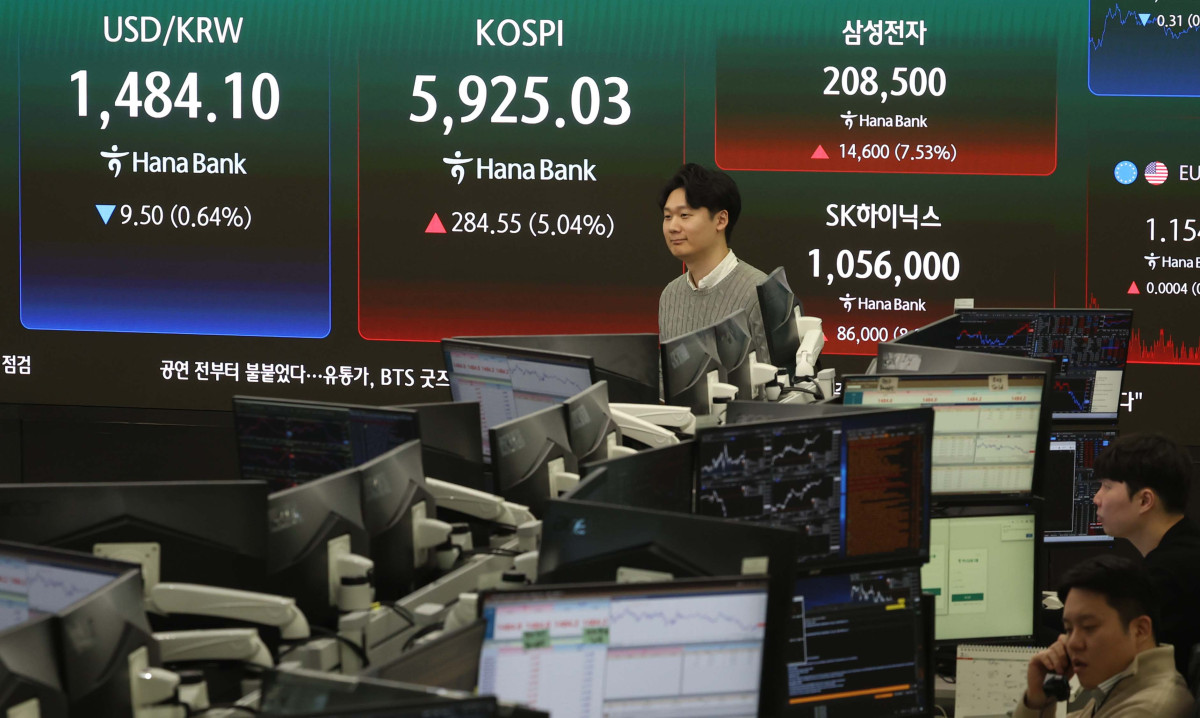 ▲코스피가 5% 넘게 상승해 5900선을 재돌파한 18일 서울 중구 하나은행 딜링룸에 코스피 등 시황이 표시되고 있다. 이날 코스피는 전거래일보다 284.55포인트(5.04%) 오른 5925.03에 거래를 마감했다. 상승세는 반도체 대장주들이 견인했다. 삼성전자는 전장보다 7.53% 오른 20만8500원에 마감했고, SK하이닉스는 8.87% 상승한 105만6000원을 기록했다. 신태현 기자 holjjak@