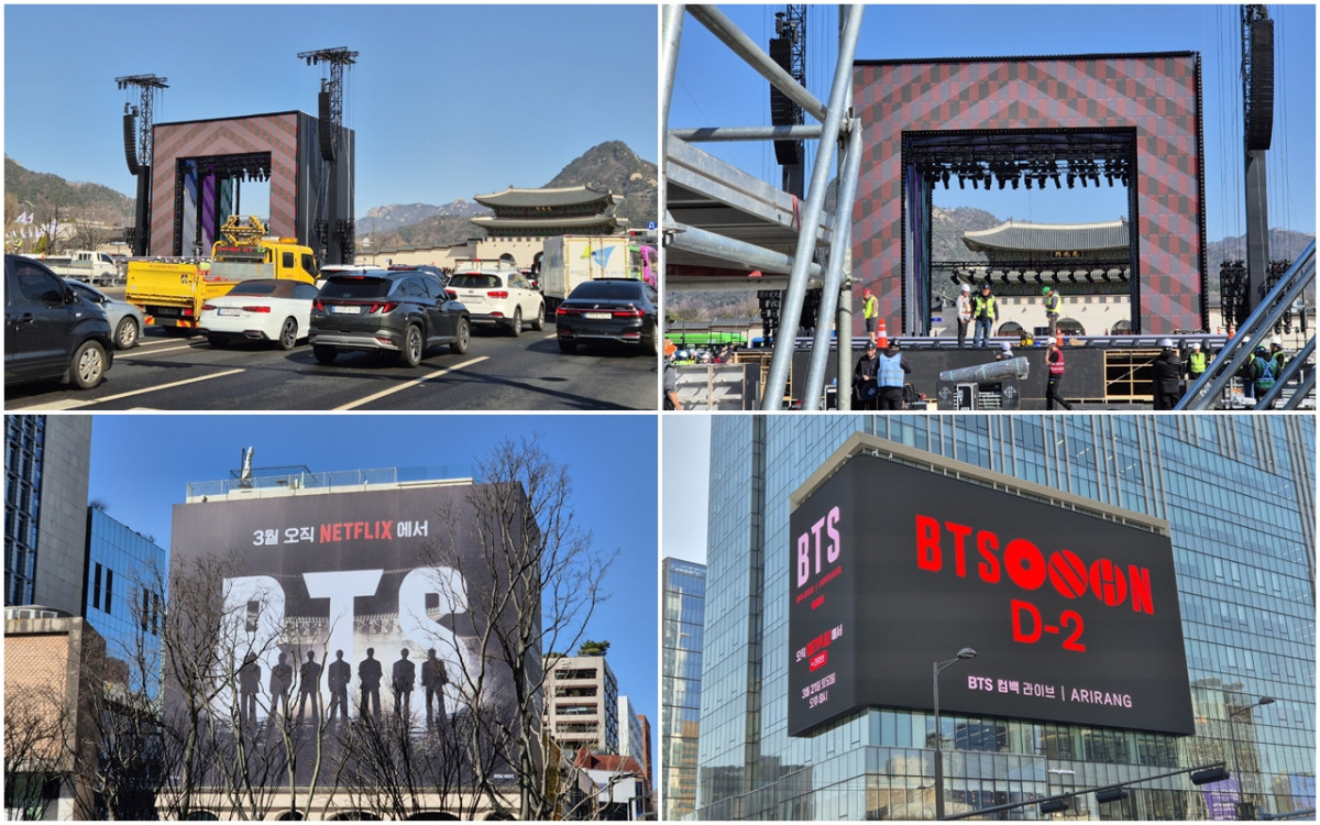 ▲19일 광화문 광장에 BTS 컴백 공연 무대 설치 공사가 진행되고 있는 모습. 광화문 광장 인근 건물에 BTS공연을 환영하는 영상과 현수막이 걸린 모습. (사진=서청석기자)