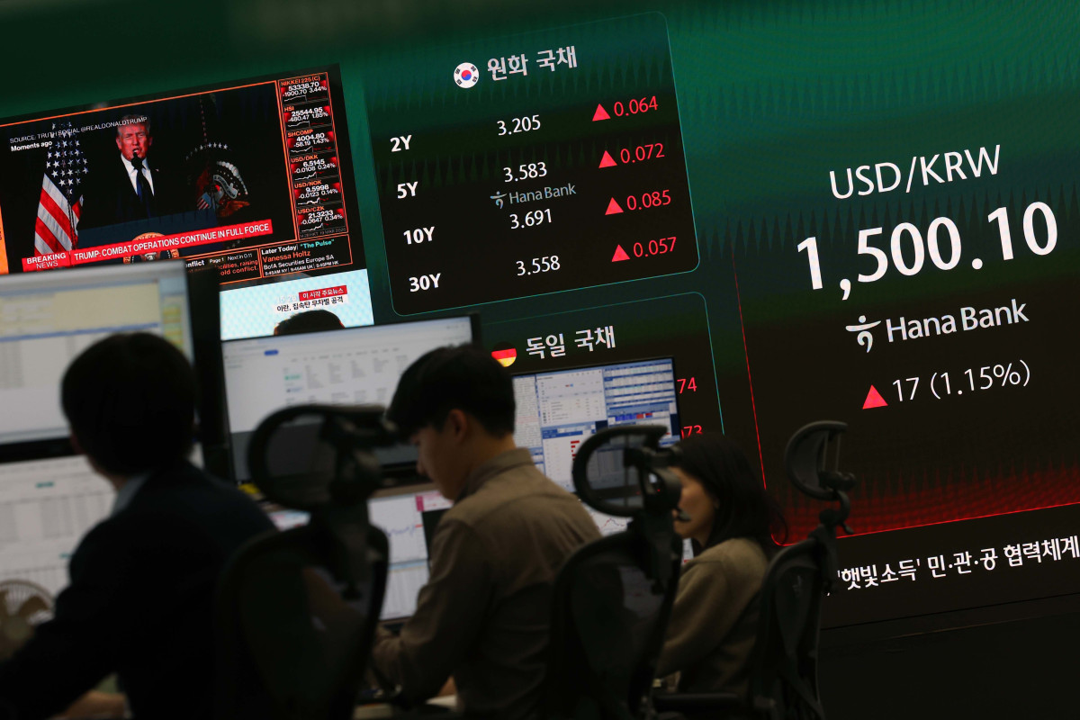 ▲국제 유가가 배럴당 110달러를 찍으며 원·달러 환율이 17년만에 1500원을 넘겨 주간 거래를 마친 19일 서울 중구 하나은행 딜링룸에 코스피와 환율 등 시황이 표시되고 있다. 이날 코스피는 전거래일보다 161.81포인트(2.73%) 내린 5763.22에 장을 마쳤다. 코스닥도 20.90포인트(1.79%) 내린 1143.48에 거래를 끝냈다. 반면 서울 외환시장에서 미국 달러화 대비 원화 환율은 전장보다 17원90전 오른 1501원에 마무리됐다. 주간 거래 종가 기준 원화 환율이 1500원을 넘긴 것은 글로벌 금융 위기가 있었던 2009년 3월 10일(1511.5원) 이후 17년 만이다. 신태현 기자 holjjak@