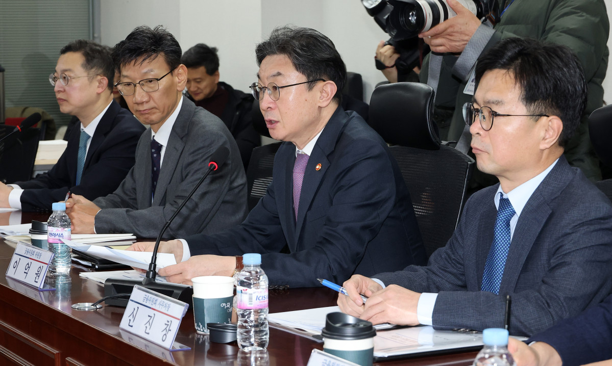 ▲이억원 금융위원장이 19일 국회 의원회관에서 국회 정무위 소속 더불어민주당 의원들과 함께 한 당정 협의에서 인사말을 하고 있다. (연합뉴스)