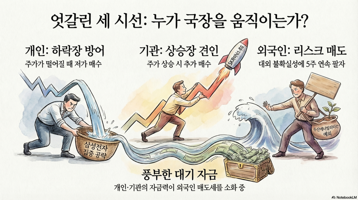 ▲지난 한 주(16~20일) 극심한 변동성 장세 속에 기관은 상승장에서 순매수, 개인은 하락장에서 순매수세를 집중하는 행보를 보였다. 반면 외국인은 5주 연속 순매도 기조를 이어갔다. (출처=노트북LM)