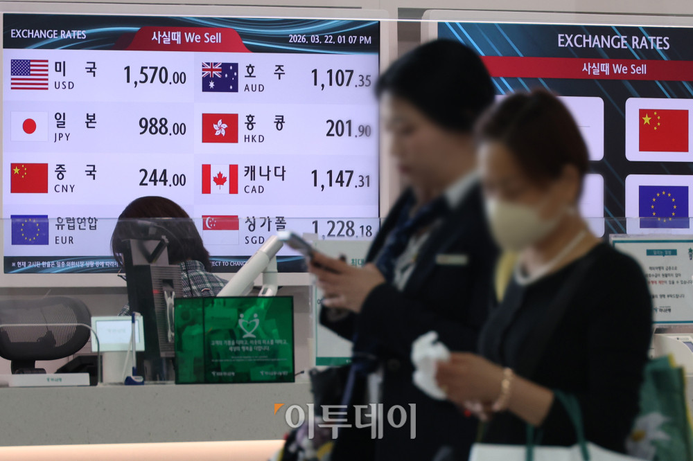 ▲원·달러 환율이 1500원을 중심으로 등락을 거듭하는 가운데 미국과 이란 간 전쟁이 중동발 '에너지 대란'으로 확산할 경유 환율이 1500원대 중반을 넘어 1600원까지 오를 수 있다는 전망이 나오고 있다. 22일 인천국제공항 제1터미널 환전소 전광판에 달러 대비 원화 환율이 표시되고 있다. 고이란 기자 photoeran@ (이투데이DB)