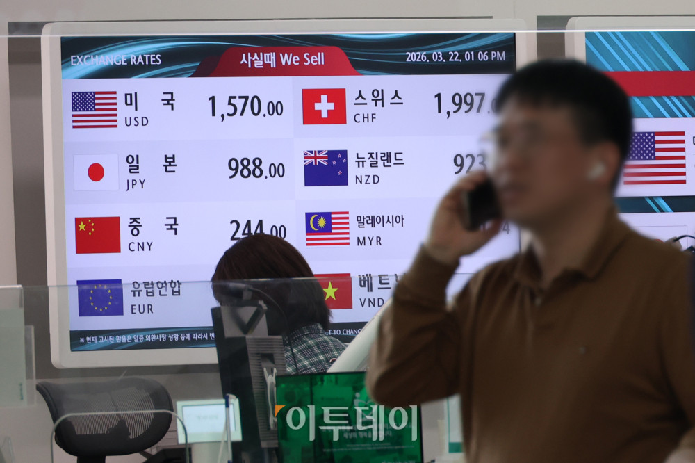 ▲원·달러 환율이 1500원을 중심으로 등락을 거듭하는 가운데 미국과 이란 간 전쟁이 중동발 '에너지 대란'으로 확산할 경유 환율이 1500원대 중반을 넘어 1600원까지 오를 수 있다는 전망이 나오고 있다. 22일 인천국제공항 제1터미널 환전소 전광판에 달러 대비 원화 환율이 표시되고 있다. 고이란 기자 photoeran@