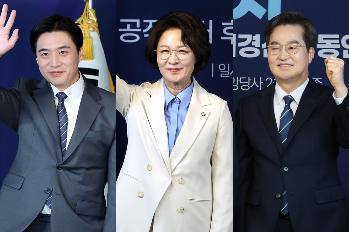 ▲더불어민주당 경기도지사 본경선에 진출한 한준호·추미애·김동연 후보(기호순). 세 후보는 4월 5~7일 당원 투표와 국민 여론조사 각 50%를 합산하는 본경선에서 경기도지사 최종 후보 자리를 놓고 3색 혈투를 벌인다. (연합뉴스)