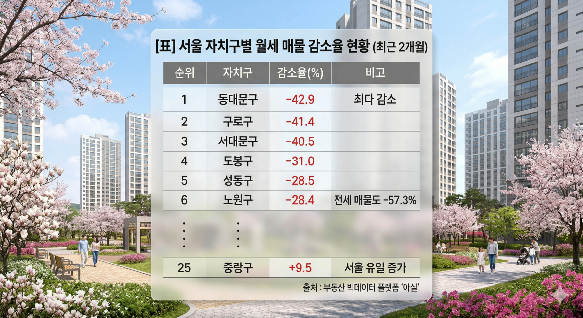 ▲서울 자치구별 월세 매물 감소율 현황 (출처: 부동산 빅데이터 플랫폼 '아실'(Gemini로 이미지 생성. 이난희 기자 @nancho0907))