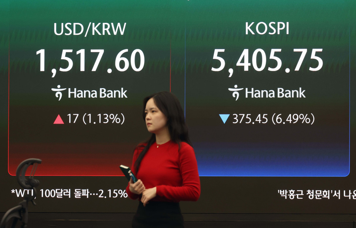 ▲코스피가 중동발 불안, 미국 국채금리 상승 등 영향으로 6% 넘게 폭락, 5400선을 간신히 사수한 23일 서울 중구 하나은행 딜링룸에 코스피 등 시황이 표시되고 있다. 이날 코스피는 전 거래일보다 375.45포인트(6.49%) 내린 5405.75로 거래를 마감했다. 주요 종목 중에서는 반도체 대장주들의 부진이 눈에 띄었다. 삼성전자는 6.57% 내린 18만6300원에 마감했고, SK하이닉스는 7.35% 하락한 93만3000원을 기록했다. 한편, 코스닥은 전 거래일보다 64.63포인트(5.56%) 하락한 1096.89에 장을 마쳤고 서울 외환시장에서 원·달러 환율은 전 거래일보다 16.7원 오른 1517.3원에 마감했다. 신태현 기자 holjjak@