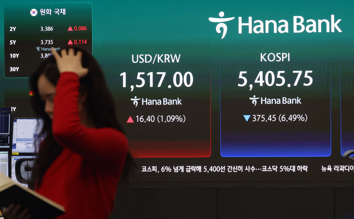 ▲코스피가 중동발 불안, 미국 국채금리 상승 등 영향으로 6% 넘게 폭락, 5400선을 간신히 사수한 23일 서울 중구 하나은행 딜링룸에 코스피 등 시황이 표시되고 있다. 이날 코스피는 전 거래일보다 375.45포인트(6.49%) 내린 5405.75로 거래를 마감했다. 주요 종목 중에서는 반도체 대장주들의 부진이 눈에 띄었다. 삼성전자는 6.57% 내린 18만6300원에 마감했고, SK하이닉스는 7.35% 하락한 93만3000원을 기록했다. 한편, 코스닥은 전 거래일보다 64.63포인트(5.56%) 하락한 1096.89에 장을 마쳤고 서울 외환시장에서 원·달러 환율은 전 거래일보다 16.7원 오른 1517.3원에 마감했다. 신태현 기자 holjjak@