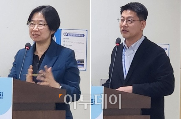 ▲백영하 보건복지부 보건의료기술개발과 과장(왼쪽)과 권성훈 국회입법조사처 조사관이 발언하고 있다. (이상민 기자 imfactor@)