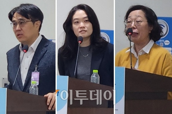 ▲왼쪽부터 김태형 바이오넥서스 대표, 김은하 고려대 의과대학 뇌신경과학교실 교수, 박선미 충북대병원 소화기내과 교수가 24일 서울 영등포구 국회의사당 국회의원회관에서 열린 ‘성차 과학 및 성차 의약학 활성화 정책 토론회’에서 발표하고 있다. (이상민 기자 imfactor@)