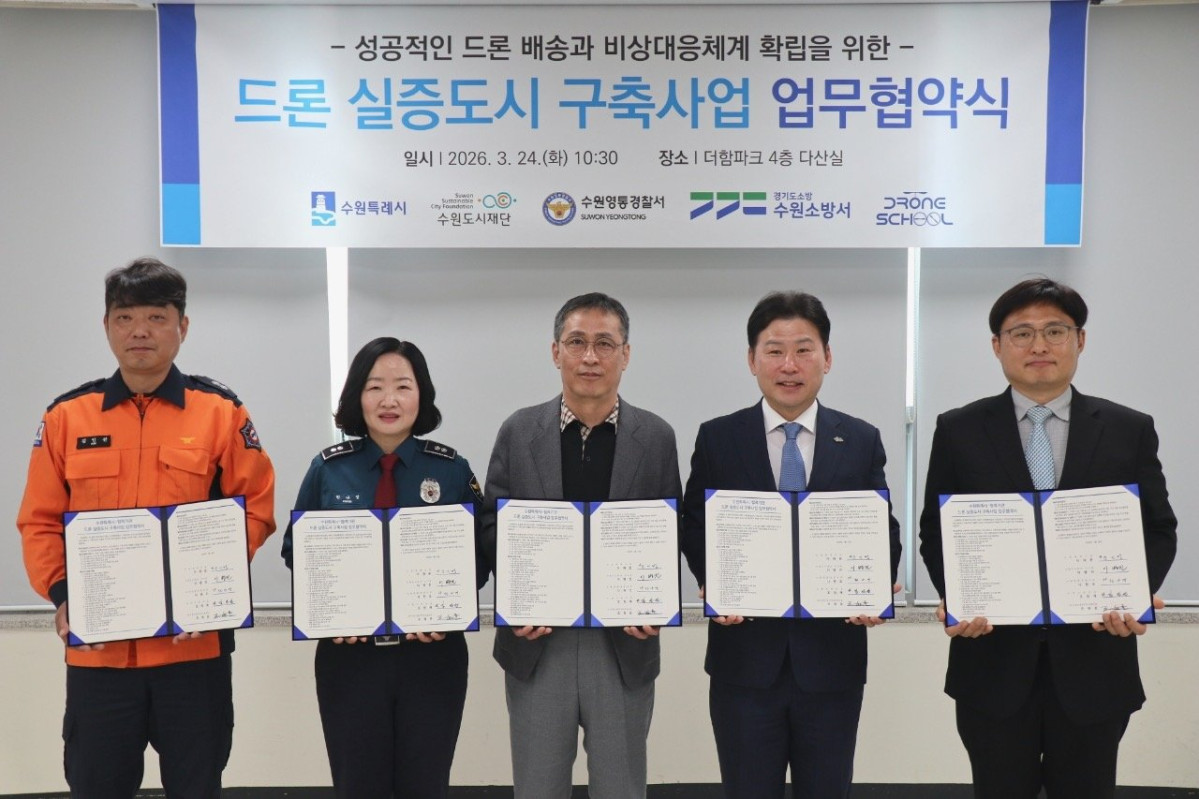 ▲수원시·수원도시재단·수원영통경찰서·수원소방서·㈜드론스쿨인터네셔널 관계자들이 24일 더함파크에서 '드론 실증도시 구축 사업' 업무협약을 체결한 뒤 기념 촬영을 하고 있다. (수원시)