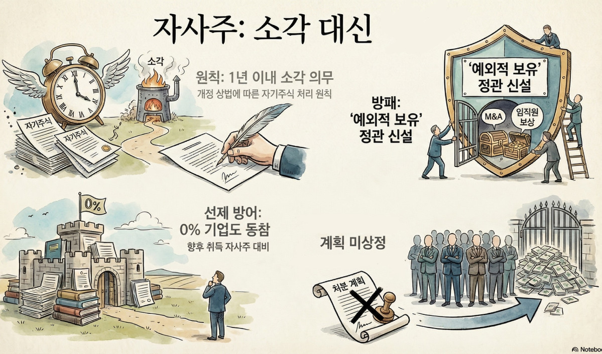 ▲3차 개정 상법에 따른 '자기주식 소각 의무화'가 본격적으로 시행된 가운데 올해 정기 주주총회에 나선 국내 주요 기업들이 제도 취지와 달리 자사주를 유지하기 위한 대처에 나선 것으로 나타났다. (출처=노트북LM)