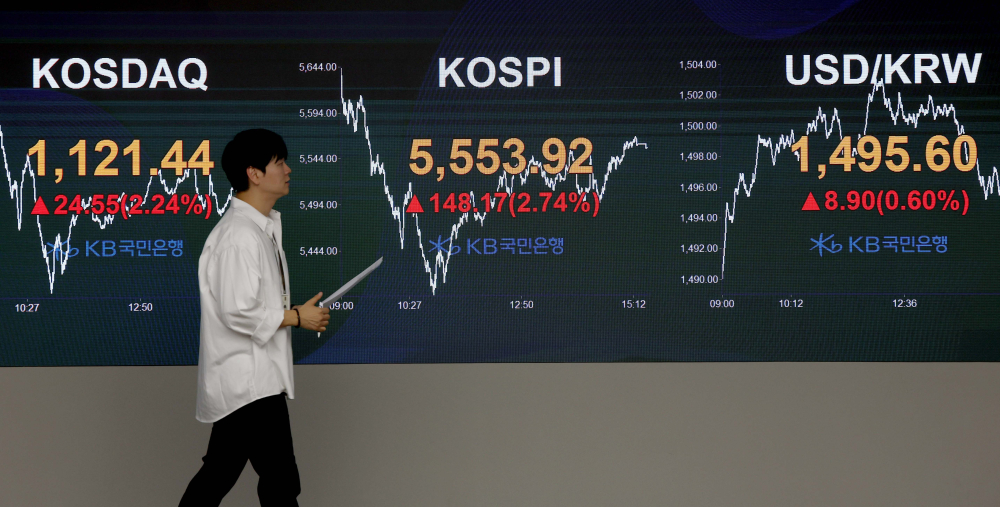 ▲24일 서울 여의도 KB국민은행 딜링룸 모니터에 코스피 등 시황이 표시되고 있다. (신태현 기자 holjjak@)