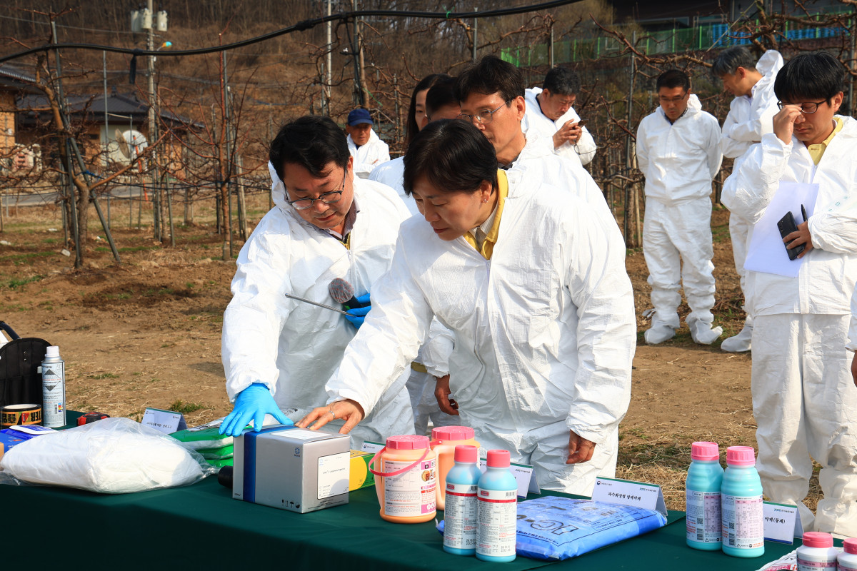 ▲송미령 농림축산식품부 장관이 24일 경기 용인의 사과 재배 과수원을 찾아 과수화상병 사전 예방 상황을 점검하고 있다. (사진제공=농림축산식품부)