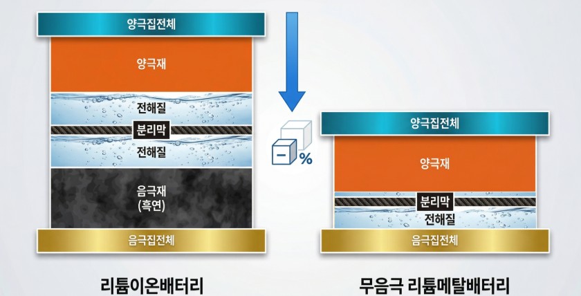 ▲기존 리튬이온배터리와 무음극 리튬메탈 배터리 비교 (포스코퓨처엠)