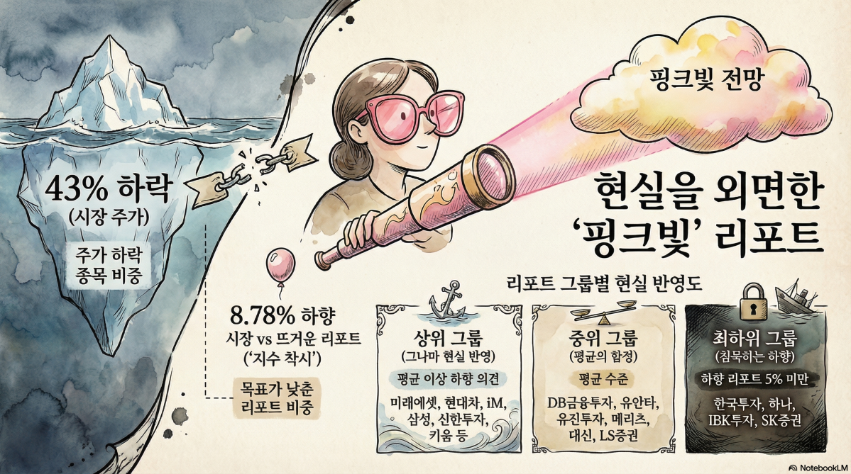 ▲25일 금융투자업계에 따르면 20개 주요 증권사의 목표주가 하향 리포트 비중은 평균 8%대에 그친 가운데 일부 증권사는 ‘목표가 하향’ 리포트가 2%대에 그치는 것으로 나타났다. (출처=노트북LM)