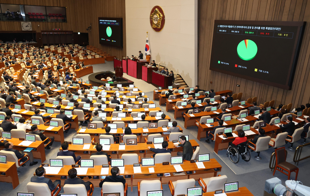▲12일 서울 여의도 국회 본회의에서 한미 간 전략적투자의 운영 및 관리를 위한 특별볍안(대안)이 가결되고 있다. 고이란 기자 photoeran@(이투데이DB)