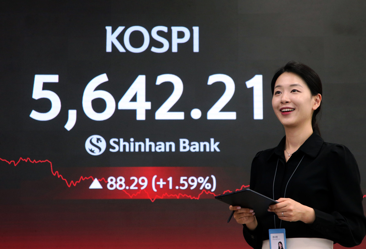 ▲25일 코스피지수가 전 거래일 대비 88.29포인트(1.59%) 오른 5642.21로 마감한 가운데 신한은행 딜링룸에 지수가 표시되고 있다. (사진제공=신한은행)