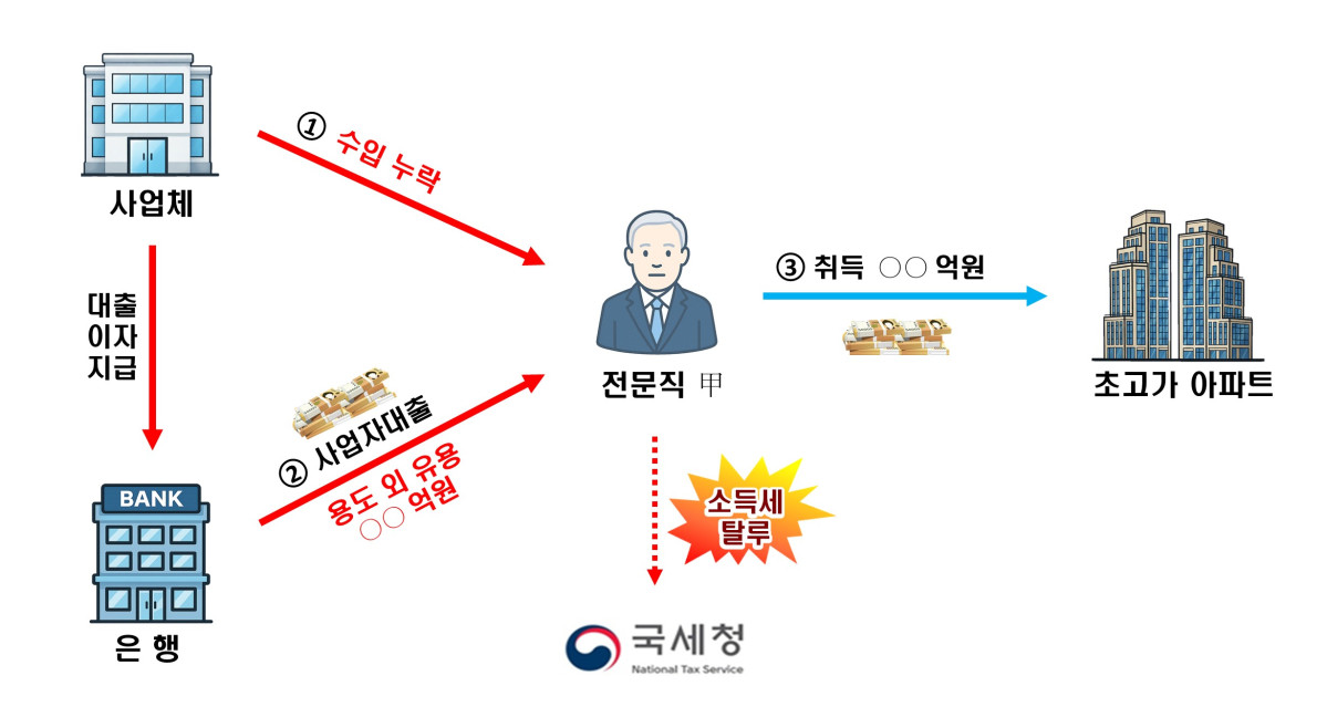 ▲사업자 대출과 수입금액 누락한 자금으로 초고가 아파트 취득 사례 (자료제공=국세청)
