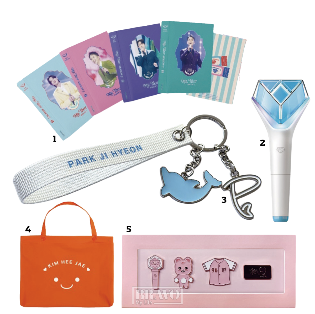 ▲1 ‘미스터트롯3’ TOP7의 굿즈. 2 임영웅 공식 응원봉. 3 박지현 굿즈, 키링. 4 김희재 굿즈, 에코백. 5 이찬원 굿즈, 배지.