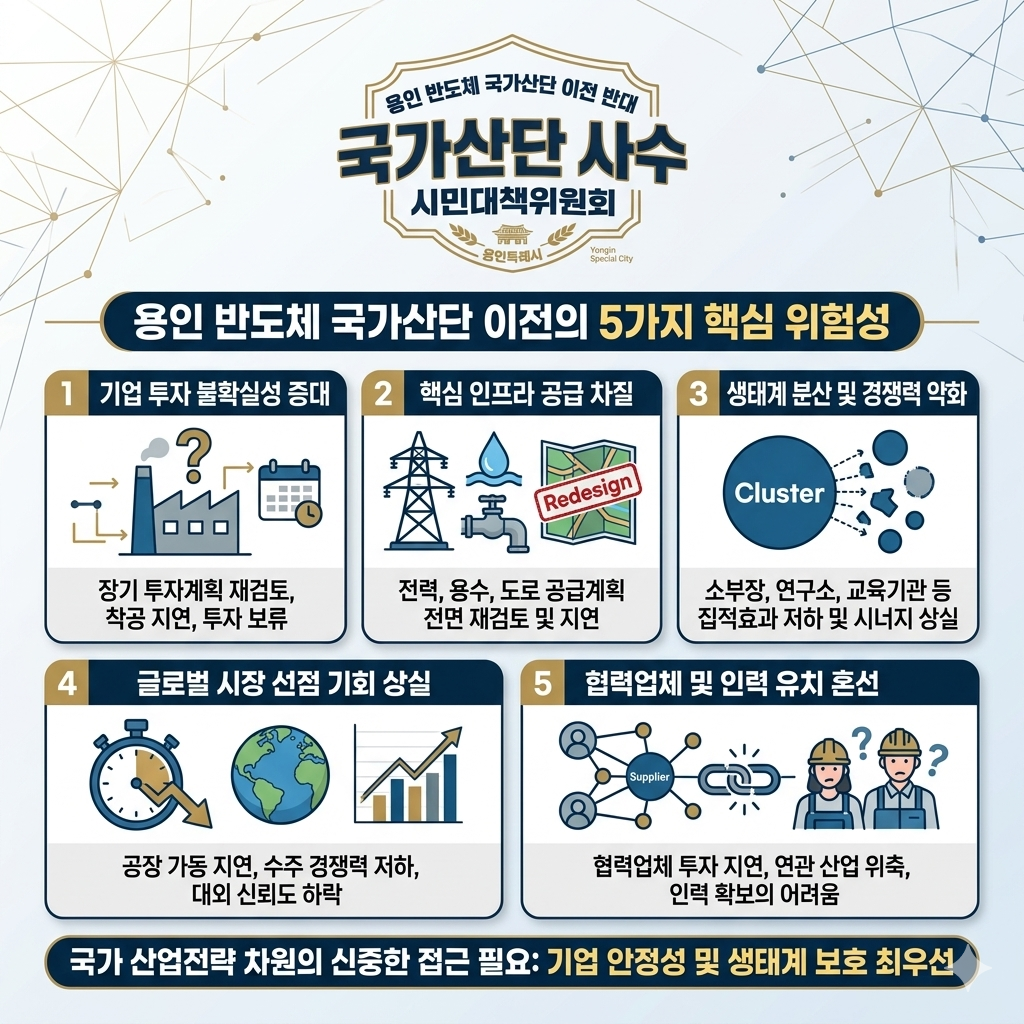 ▲26일 발족한 '용인 반도체 국가산단 사수 시민대책위원회'가 배포한 홍보물. 이전 시 초래될 5가지 핵심 위험성을 도해로 정리했다. (용인 반도체 국가산단 사수 시민대책위원회)