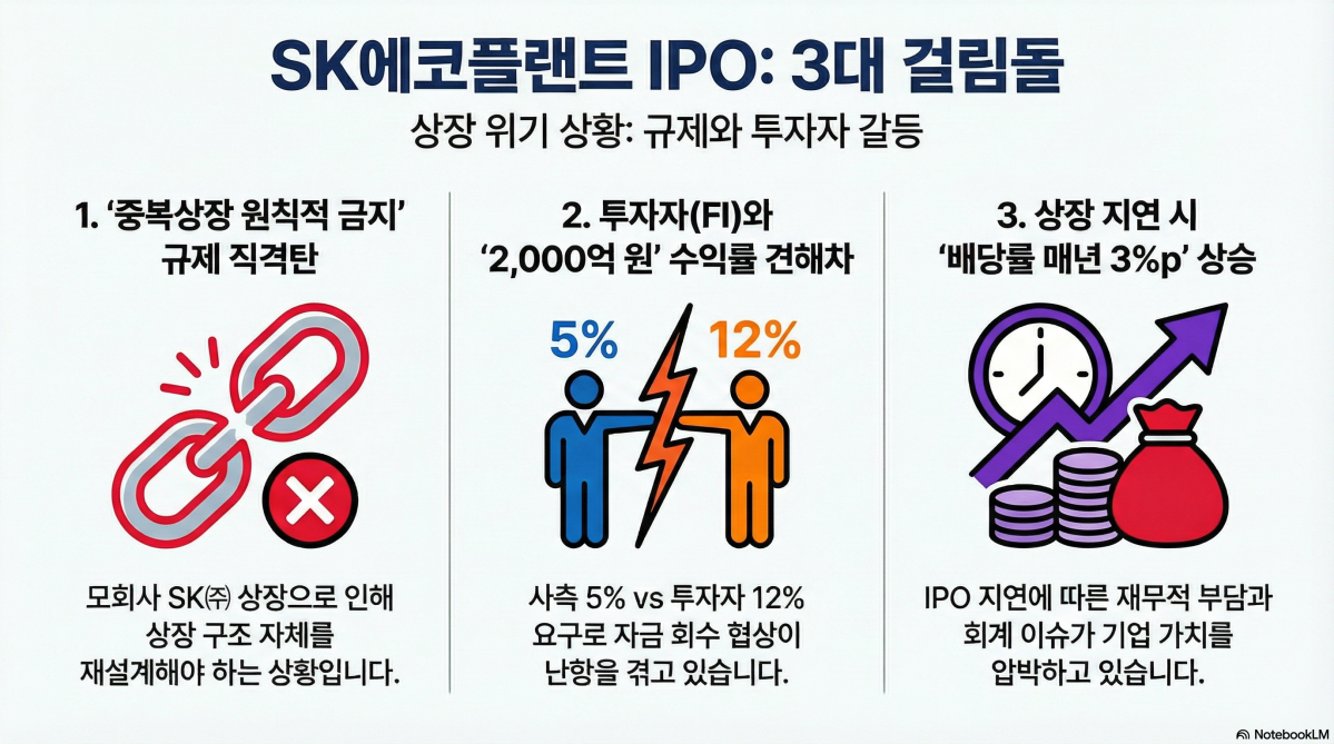 ▲정부의 중복 상장 원칙적 금지 방침과 회계 이슈가 맞물리면서 SK에코플랜트의 기업공개(IPO) 계획이 불확실성 속에 표류하고 있다. (사진=구글 노트북LM)