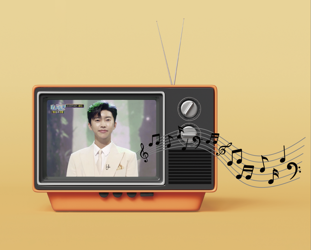 ▲텔레비전에 가수 임영웅이 노래를 부르는 모습. (그래픽 이은숙 기자, 사진 TV조선)