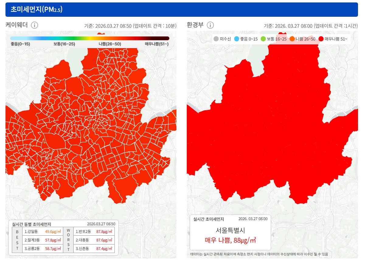 ▲초미세먼지 ‘매우 나쁨’…새빨간 서울 지도, 초미세먼지 '나쁨' 이유…고농도 미세먼지 언제까지? (출처=케이웨더)