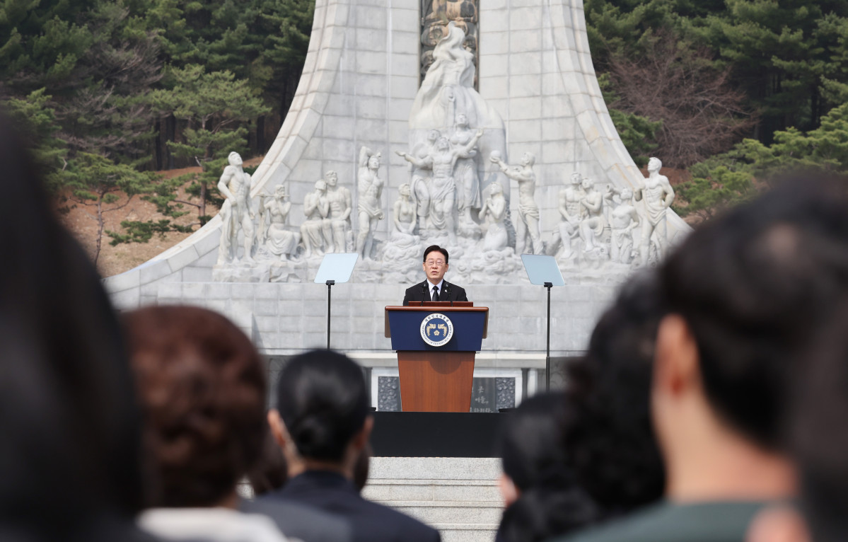▲이재명 대통령이 27일 국립대전현충원에서 서해수호의 날 기념사를 하고 있다. 사진=연합뉴스