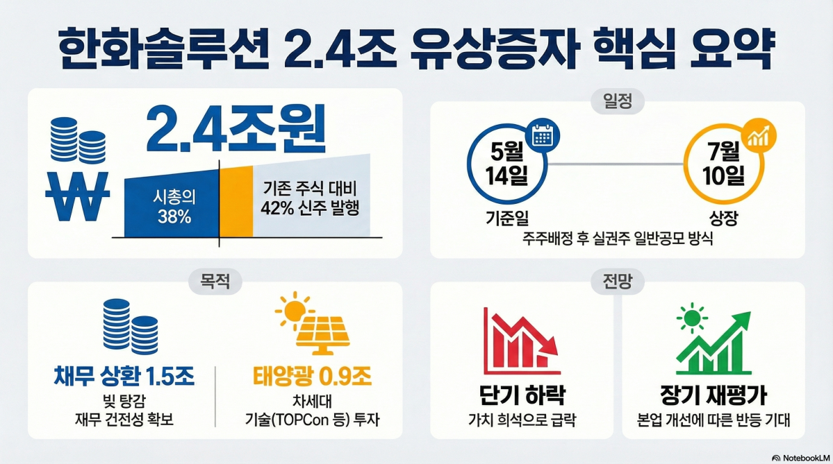 ▲한화솔루션이 시가총액의 3분의 1이 넘는 2조4000억원 규모의 대규모 유상증자를 전격 결정했다. 이에 주식 가치 희석에 따른 투심 냉각으로 주가는 2거래일만에 20% 넘게 하락했다. (이미지=구글 노트북 LM)