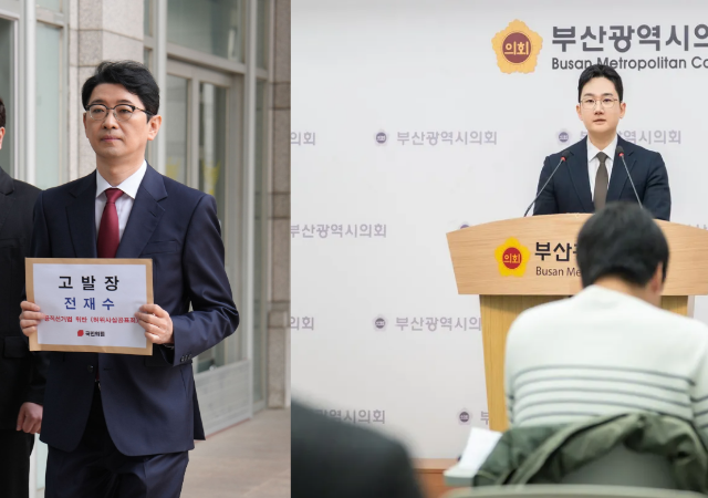 ▲국민의 힘 주진우 의원과 개혁신당 정이한 후보가 전재수 전 장관을 고발하고 규탄하고 있다. (사진제공=주진우, 정이한 예비후보 캠프)
