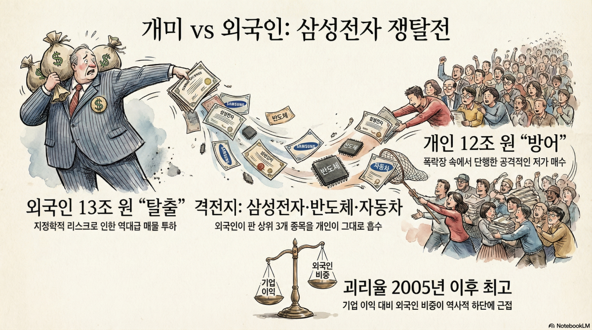 ▲이번 주(23~27일) 증시의 핵심은 삼성전자, SK하이닉스, 현대차를 둘러싼 개인과 외국인의 정면충돌이었다. 개인의 순매수 상위 1~3위 종목은 외국인의 순매도 상위 1~3위 종목과 일치했다. (출처=구글 노트북LM)