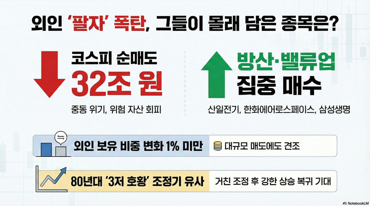 ▲중동 지역의 지정학적 위기가 고조되면서 국내 증시를 떠나는 외국인 투자자들의 움직임이 거세지고 있으나, 방위산업과 밸류업 관련 종목을 중심으로 옥석 가리기가 한창이다. (이미지=구글 노트북 LM)