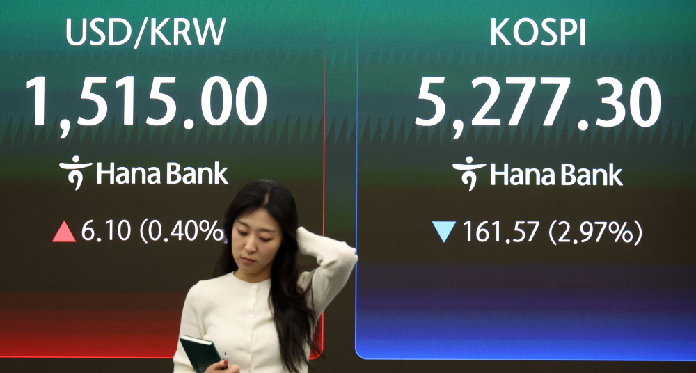 ▲30일 서울 중구 하나은행 딜링룸 전광판에 코스피 지수가 전 거래일보다 161.57포인트(2.97%) 내린 5277.30을 나타내고 있다. (고이란 기자 photoeran@)